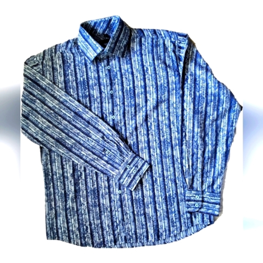 Men's Blue Striped With Floral Pattern Shirt
